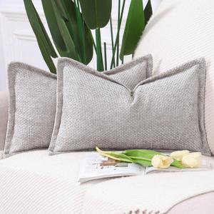 Decorative Chenille Velvet Throw Pillow Covers Set of 2 Soft Boho Textured Neutral Couch Throw Pillow for Bed Modern Farmhouse Home Decor for Sofa Livingroom Oatmeal 12x20 Inch