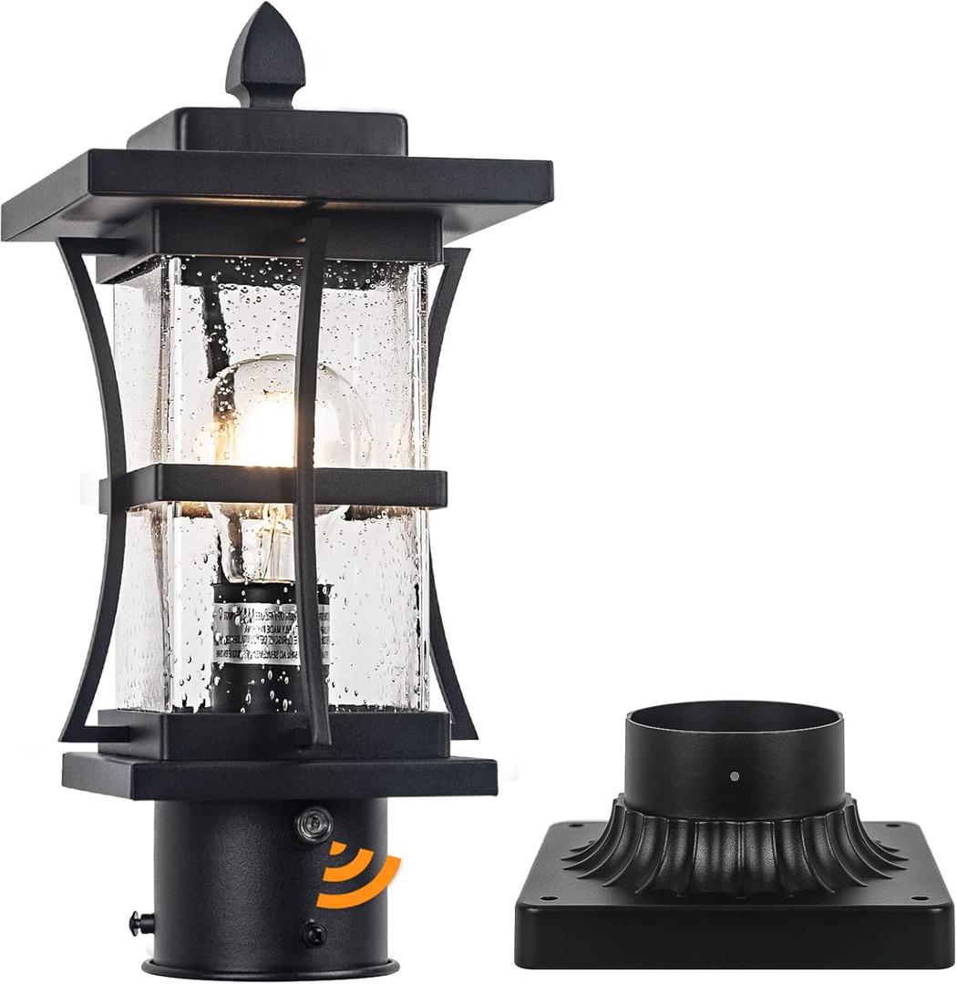 Dusk to Dawn Outdoor Post Light Fixture with Pier Mount Base - Black Outdoor Pole Lighting, Waterproof Pillar Lantern, Modern Outside Column with Seeded Glass for Pathway, Garden, Patio, Anti-Rust (Black-1 Pack)