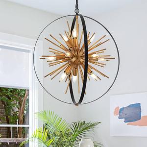 23.2" Black Gold Globe Sputnik Chandelier, 12-Light Mid Century Modern Industrial Starburst Golden Metal Satellite Light Fixture for Entryway Foyer Bedroom Dining Living Room Hallway, E12, Globe D23"
