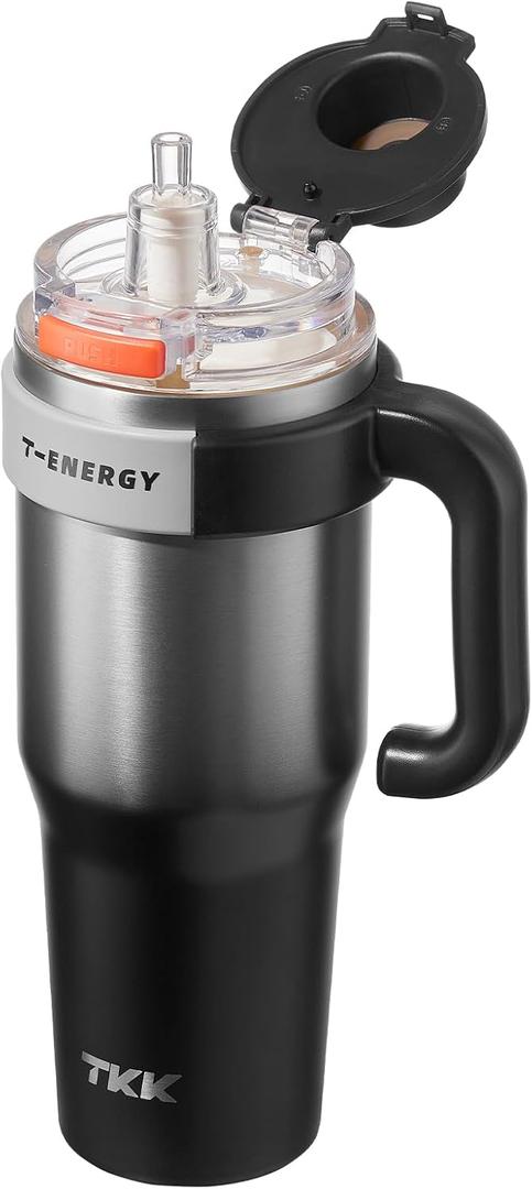TKK 40 oz Tumblers with Handle and Straw, Ceramic Coating Insulated Bottle 100% Leakproof Travel Mug for Water, Iced Tea or Coffee, Smoothie, Cup Holder Friendly Base,SteelBlack