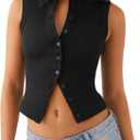 Relety Womens Crop Tank Tops Going Out Button Down Vest Seamless Ribbed Trendy Shirts Cute Sleeveless Summer Spring Y2K Cami L