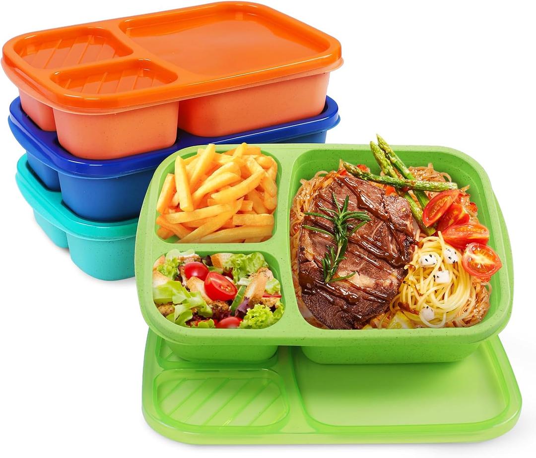 Pack of 4 Bento Lunch Box Set, 3 Compartment Wheat Straw Meal Prep Food Storage Containers Plastic, Microwave and Dishwasher SafeJewel Brights