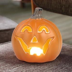 Halloween Pumpkin Lantern Decor - Battery Powered Light Up Jack-O-Lantern for Backyard Lawn Garden Indoor Fireplace Mantle Outdoor Decorations, 5 Inch Smile Face