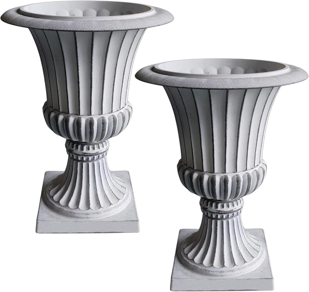 Urn Planters 22", Set of 2, Tall Stone-Resin Pedestal Planters for Outdoor Plants, Large Front Porch Decor, Patio Garden Pots, Outdoor Urns for Entryway, Porch & Deck, White Plant Pot
