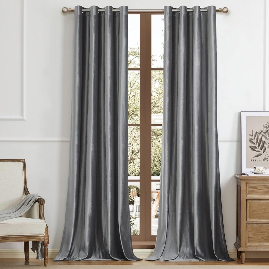 BULBUL Dark Grey Velvet Curtains 96 inches Luxury Elegant Living Room Curtain Blackout Modern Thermal Insulated Soundproof Privacy Room Darkening Floor to Ceiling Soft Drapes for Bedroom Set of 2