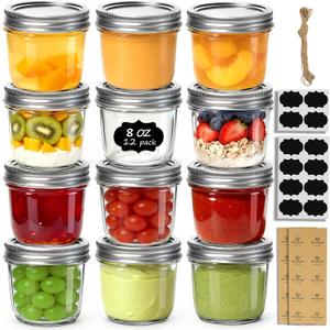 ComSaf 8 oz Wide Mouth Mason Jars, 12Pcs Glass Jars for Home Cooks Making Jam and Jelly, and Crafters Creating DIY Candles and Party Favors, Canning Jar with Lids and Rings，Includes Labels & Twine