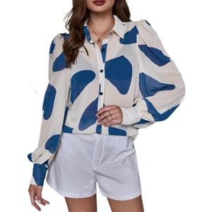 Floerns Women's Button Down Sheer Chiffon Blouse Shirts Long Sleeve Collar See Through Blouse Tops (Large, Blue)