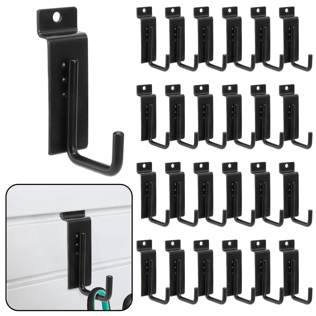 WRINGKIT 25 Pack Slatwall Hooks Hangers, Heavy Duty J Shaped Slatwall Panel Hooks, Metal Slat Board Hook, Slat Wall Hanging Display Accessories for Garage Organization, Retail, Home