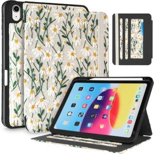 for iPad 10th Generation Case, for iPad (A16) 11th Generation Case - Women Girls Cute Embroidered Folio Stand Cover with Pencil Holder & Card Slot Girly Kawaii Daisy Flowers Aesthetic Cases