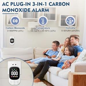 Carbon Monoxide Detectors Plug in, 3-in-1 CO Detector with Temp/Hum Sensor, Portable Travel Carbon Monoxide Alarm with 85dB Alarm, Real-Time CO Monitor Easy to Read & Install (White-1 Pack)