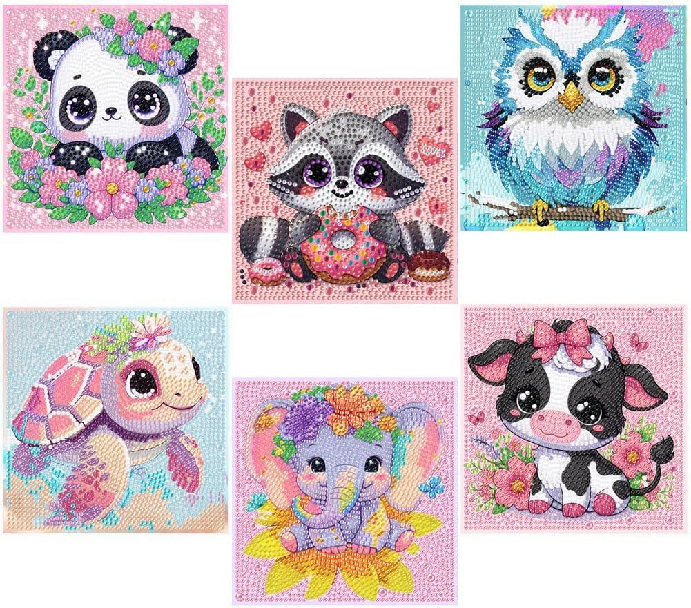 GQYCZZ 6 Pack 5D Diamond Painting Kits for Kids Beginners, Full Drill Cute Animals Diamond Art Kits, DIY Big Gem Art for Children Ages 6-7-8-9-12, Home Wall Decor 6x6 Inch