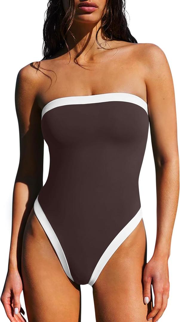 LASLULU Womens Sexy One Piece Swimsuit Strapless Padded Square Neck Bandeau Bathing Suits with Adjustable Spaghetti Straps (Medium, Coffee)