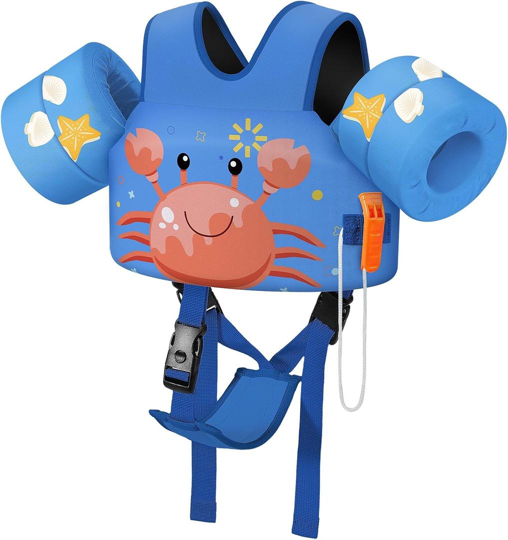 MoKo Toddler Swim Vest for Kids, Swim Arm Floaties 15-30 lbs Cartoon Swimming Water Wings with Crotch Strap, Pool Float Vests Sleeves Shoulder Straps Arm Band for Children, Blue Crab