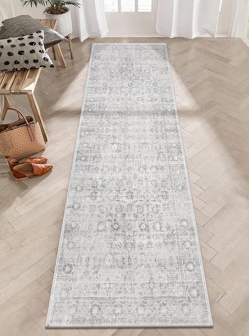 LIVEBOX Washable Runner Rug 2.5x8 - Long Grey Kitchen Rug, Low-Pile Floral Oriental Anti-Skid Carpet Runners for Hallway Bedroom Entryway, Silverygray (Silvergray)