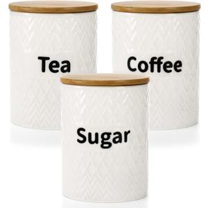 Peohud 3 Pack Ceramic Kitchen Canister Set, 29oz Airtight Food Storage Jars with Bamboo Lids, Tea Coffee Sugar Container Set for Counter, Kitchen Decor
