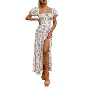 KUTUMAI Women Summer Puff Sleeve Off Shoulder Floral Flowy Long Maxi Dress (XS)