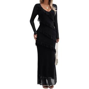 Womens Long Sleeve Mesh Bodycon Dress 2025 Fall Wedding Guest Cocktail Maxi Dresses (Black, M)