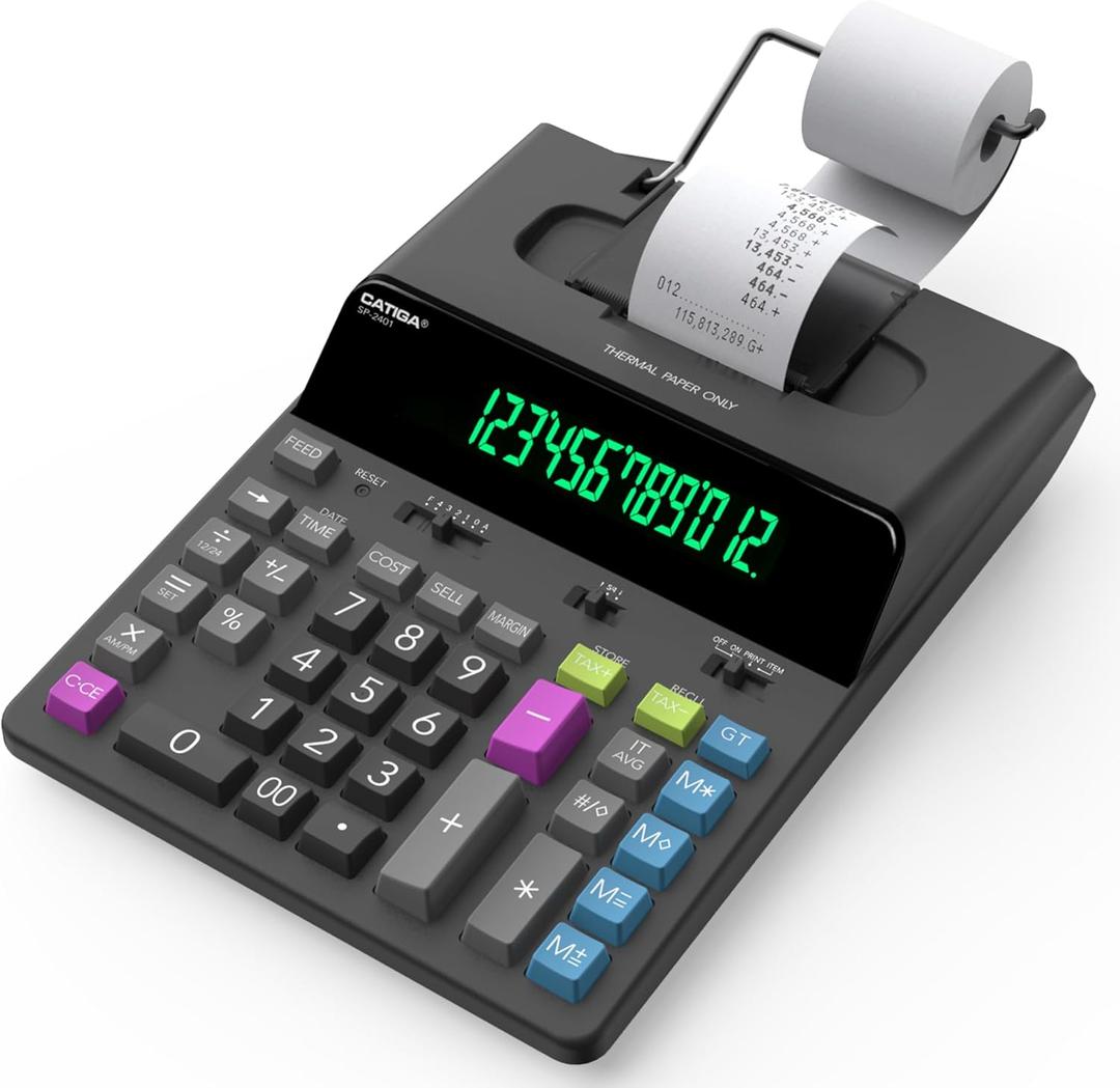 CATIGA 12 Digit Thermal Printing Calculator with Tape Print Out, Ink-Free Adding Machine, 5X Faster Quite at 8.0 LPS, Extra Large Fluorescent Display, Tax Calculation with Clock and Calendar, SP-2401 (Black)