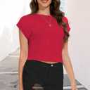 Summer Short Sleeve Crop Tops Womens Crewneck Roll Cap Sleeve T Shirts Loose Fit Basic Tees (Red, S)