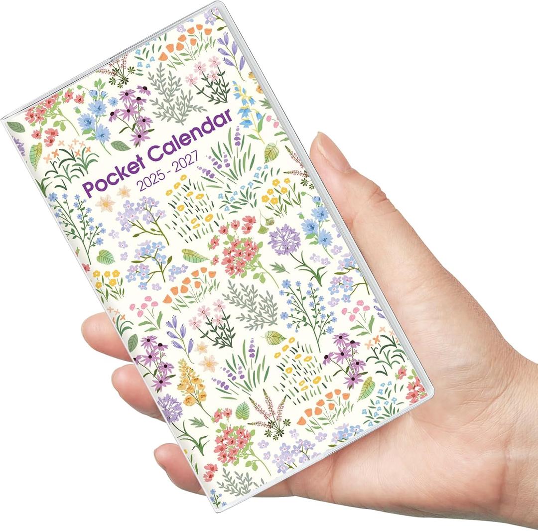 Phyxin Pocket Calendar, Pocket Planner - Runs From Jul 2025 Until Dec 2027, Small Calendar - 6.7" x 3.7", Calendar Planner for Women, Teacher, Students, Purple Flowers (New)