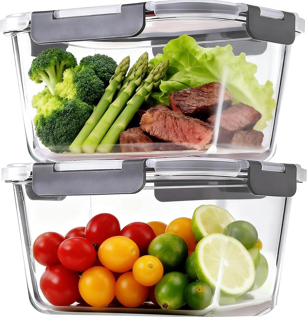 2 Pack Large Glass Food Storage Containers with Lids 85oz/10.5cup Big Airtight Storage Containers for Rotisserie Chicken Meal Prep Leftovers, BPA Free & Leak Proof, Microwave, Oven Safe (gray), 3.6 inches x 2.2 inches