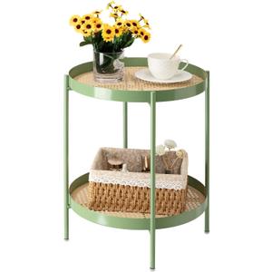 danpinera All Metal Side Table, 2 Tier Green End Table with Imitation Rattan Pattern on Removable Trays, Round Table for Small Spaces, Small Tables for Living Room 20.47 Inch x 16.54 Inch   (Green)