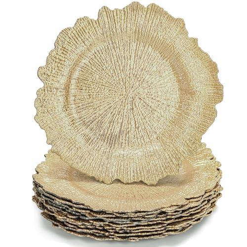 WUWEOT 11 Pack Gold Charger Plates, 12.7" Round Plastic Reef Plate Chargers with Flora Reef Design for Wedding Dinner Party Decoration
