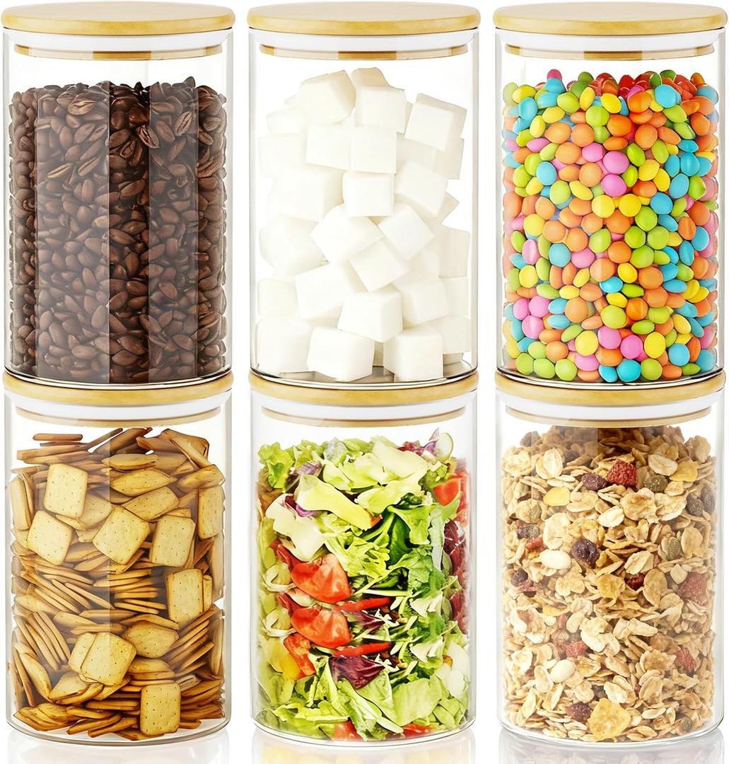 Glass Food Storage Containers with Lids,6-Pack Pantry Storage Canisters Set,32 Ounces Kitchen Jars for Flour,Sugar,Salt,Coffee Beans,Cereal,Spice,Creamer & Overnight Oats