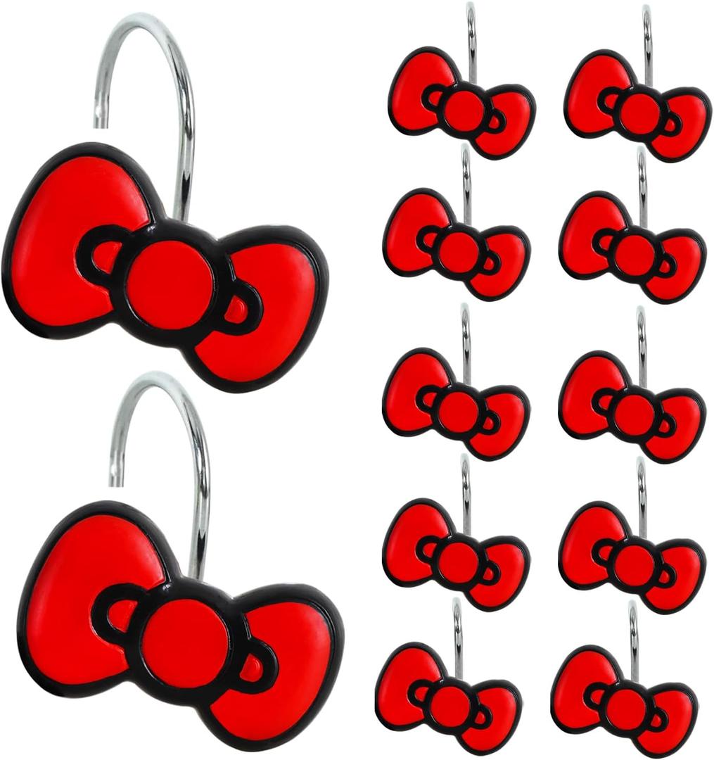 12-Piece Red Bow Shower Curtain Hooks, Cute Stainless Steel Decorative Shower Hangers Rings for Bathroom Decor