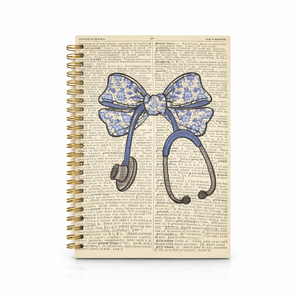 Chinoiserie Blue Bow Nurse Spiral Notebook Journal 5.5x8.3, Nurse Appreciation Gifts, Nursing Medical Office Supplies for Work, Blue Floral Stethoscope Journaling Notebooks
