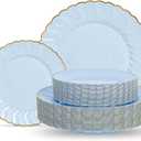 Lullaby 60PCS Light Blue Scalloped Plastic Plates with Gold Rim, Includes 30PCS Dinner Plate 10'' and 30PCS Dessert Plate 7.5'', Baby Blue Plastic Plates for Party, Wedding and Daily Use