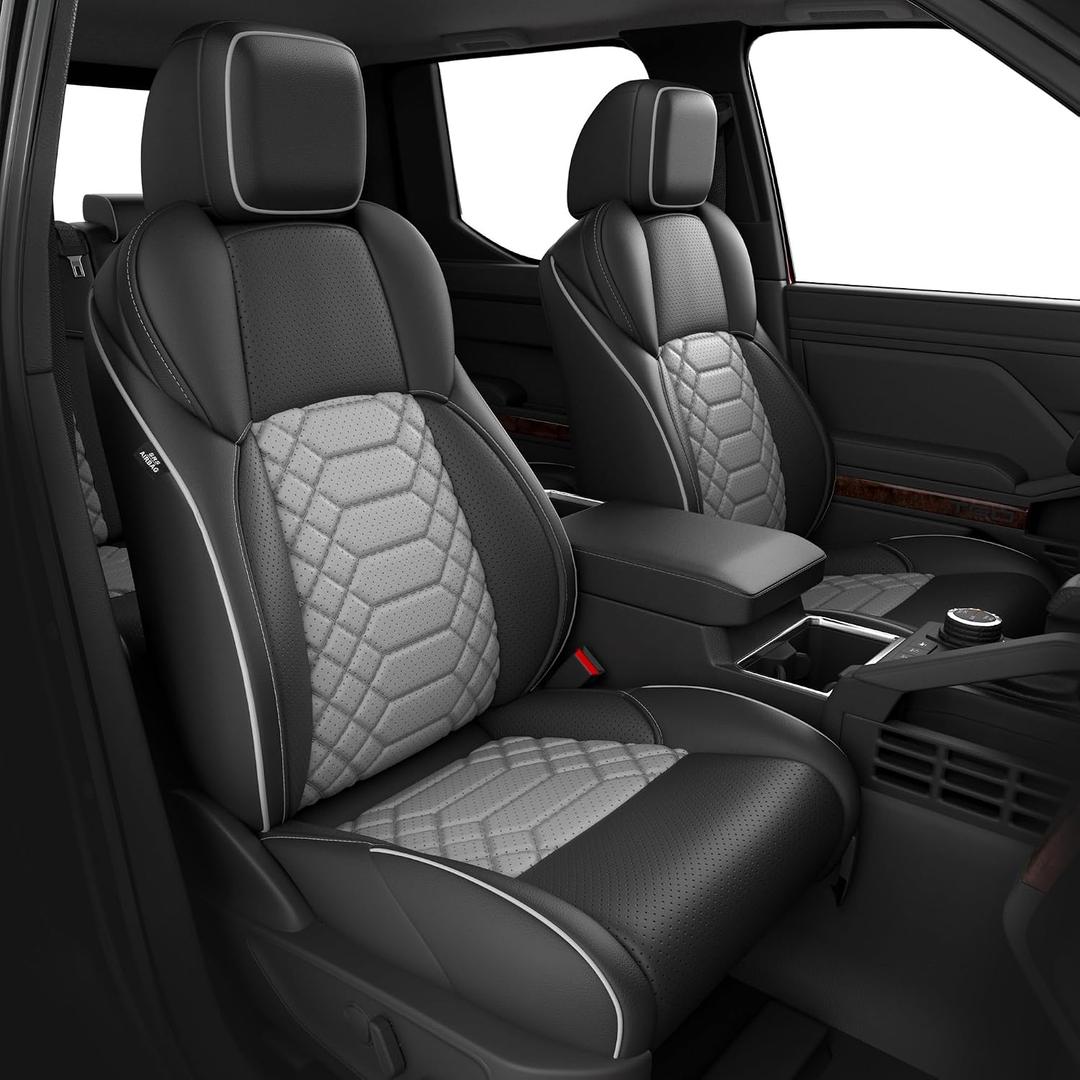 FREESOO Tacoma Seat Covers for Toyota Tacoma 2024 2025 2026 Double Cab, SR, SR5, TRD Sport, TRD Off-Road, Faux Leather Full Set Pickup Truck Seat Covers BlackGrey
