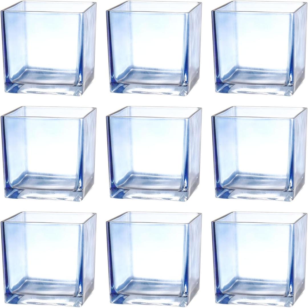 Square Glass Vases Set of 9, 4"x 4"x 4" Flower Vases for Centerpieces, Blue Glass Vase for Flowers, Small Vase for Wedding, Party, Home Office Decoration