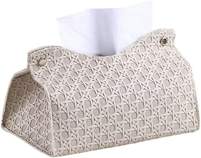 Rectangular Tissue Box Cover Rattan Pattern PU Leather Tissue Holder for Home Office Car Hotel Desktop (Light Grey)