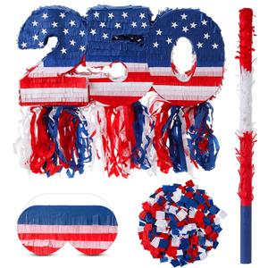 250th Number Patriotic Piñata Set Red White Blue American Flag 22in Piñata with Stick Blindfold Confetti for 250 Summer Pool USA Party Decor