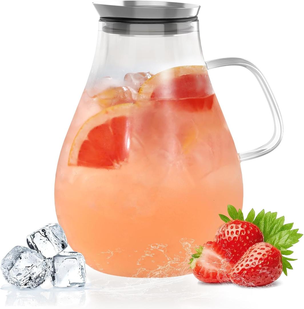 Glass Pitcher With Lid, 2.5 Liter 85 oz Glass Water Pitcher For Fridge, 0.66 Gallon Pitchers With Handle And Lid, Tea Jug Carafe Jar For Hot/Iced Water Milk Juice Coffee Fruit (84.5 Ounces)