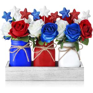 Nuogo 28pcs 4th of July Decorations Patriotic Mason Jar Table Centerpiece with Flowers Star Ornaments Red Blue White Mason Jars Decor Memorial Day Independence Day Party Table Decorations Gift