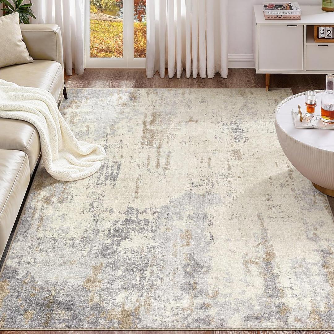 5x7 Area Rug Living Room Rugs - Washable Neutral Modern Abstract Soft Thin Rug Indoor Floor No Slip Rug Carpet for Bedroom Under Dining Table Home Office Decor - Light Brown/Gray