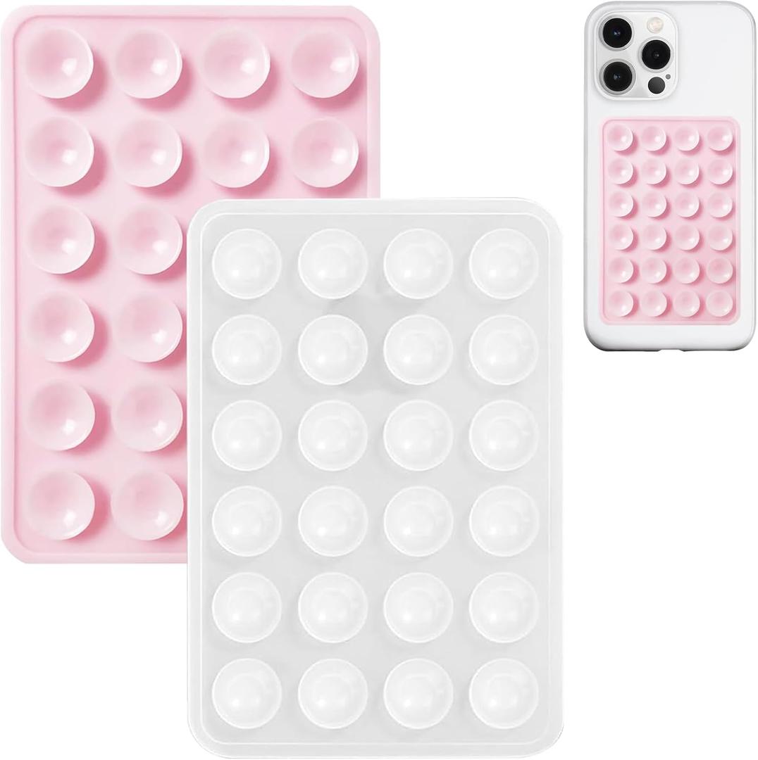 4 x JingJinYY 2 Pack Silicone Suction Phone Case Mount, Non Slip Sticky Phone Grip for Cellphone, Silicon Adhesive Suction Cup Phone Mount, Strong Grip Holder for Selfies & Videos (LightPink&Translucent)