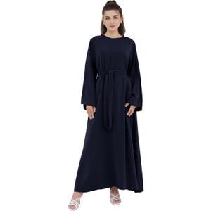 Women Long Abaya Dress with Belt Muslim Bell Sleeve Robe Islamic Maxi Prayer Jilbab (Blue, M)