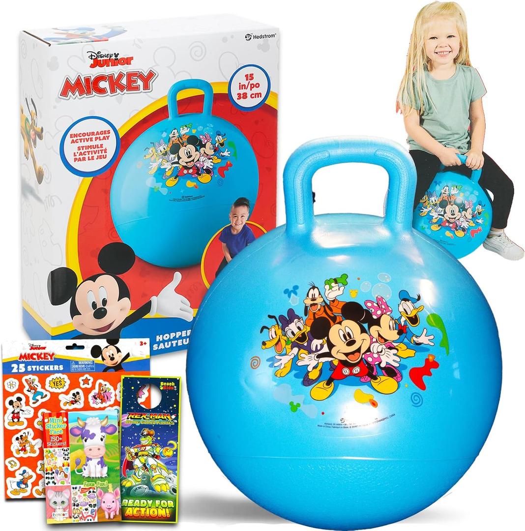 Disney Mickey Mouse Hopper Ball for Kids - Bundle with 15 Inch Mickey Bouncy Ball with Handle, Stickers, and More (Mickey Mouse Outdoor Toys)