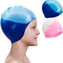 2 Pack Kids Swim Caps for Boys Girls, Durable Silicone Swimming Cap with 3D Ear Pockets for Age 3-15 Toddler Child Youth Teen, Unisex Swim Hats for Short/Long Hair with Ear Plugs Nose- Clip-B011