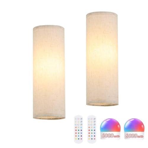 Shenmoyl Adhesive Battery Operated Wall Sconce Set of 2, 5000 mAh Battery Rechargeable Bulb with 12 RGB Colors, Stick on Wall Sconce No Drill Wall Lights, Linen