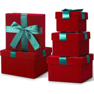 Tenceur 5 Pcs Christmas Gift Boxes Red Assorted Gift Square Boxes with Lids Velvet Gifts Box Birthday Gifts Box with Ribbon for Festival Christmas Birthday Weddings(Green)