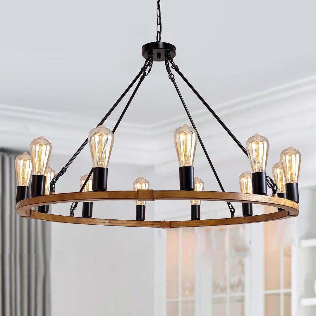 Modern Farmhouse Wagon Wheel Chandelier, 12-Light Large Black Rustic Chandelier with Wood Finish for Dining Room, Round Hanging Ceiling Light Fixture for Kitchen Island Entryway Foyer Living Room