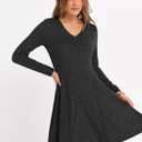 ANRABESS Women Long Sleeve Ribbed Knit Short Dresses 2026 Spring V Neck Casual Swing A Line Sweater Dress (Black, L)