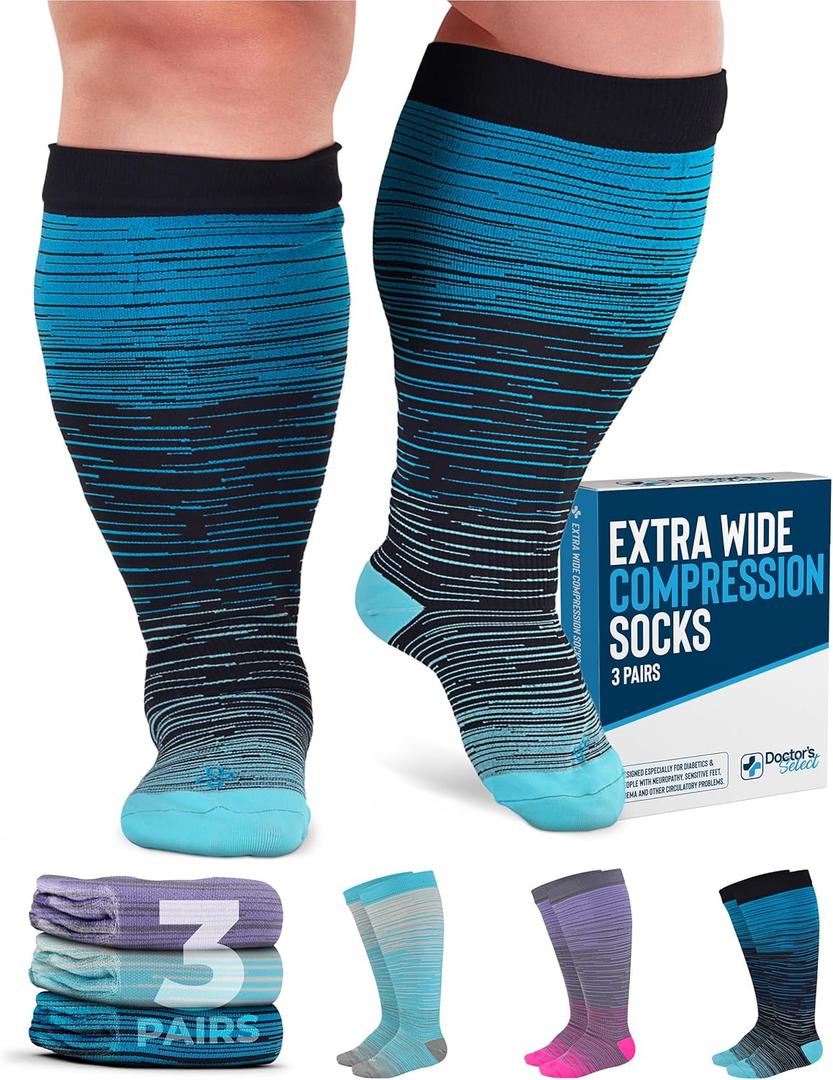 Doctor's Select 3 Pairs Plus Size Compression Socks Wide Calf - Up to 6XL | 20-30 mmHg Compression Socks for Women Wide Calf | Wide Compression Socks for Women Circulation | Blue, Light Blue, Purple & Pink (Stripes) (4X-Large, 3 Pairs - Line Patterns)