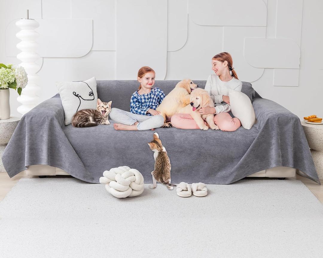 Loiion Couch Covers for 3 Cushion Couch, Gray Cat-Scratch Resistant Sofa Cover Pets Dogs Friendly Anti Slip Thickened Slipcovers Furniture Protector, Couch Protector for Pets and Kids 150"X71" (Large Sofa (150"X71"), Grey)