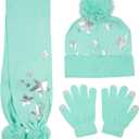 PEAK 2 PEAK Girls 3-Piece Beanie Hat, Scarf & Glove Set  Warm Winter Matching Accessories with Pom-Poms (Foil Stars)