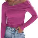 ANRABESS Womens One Off Shoulder Shirts Long Sleeve Slim Fitted Going Out Crop Tops 2025 Fall Outfits Y2K Clothes Hot Pink Small (S)